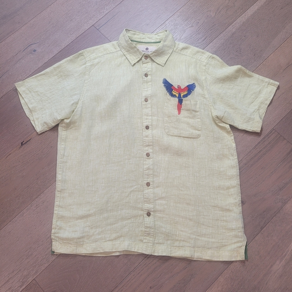 The Territory Ahead Shirt Men's sz L Papagayo Parrot Yellow Linen Short Sleeve